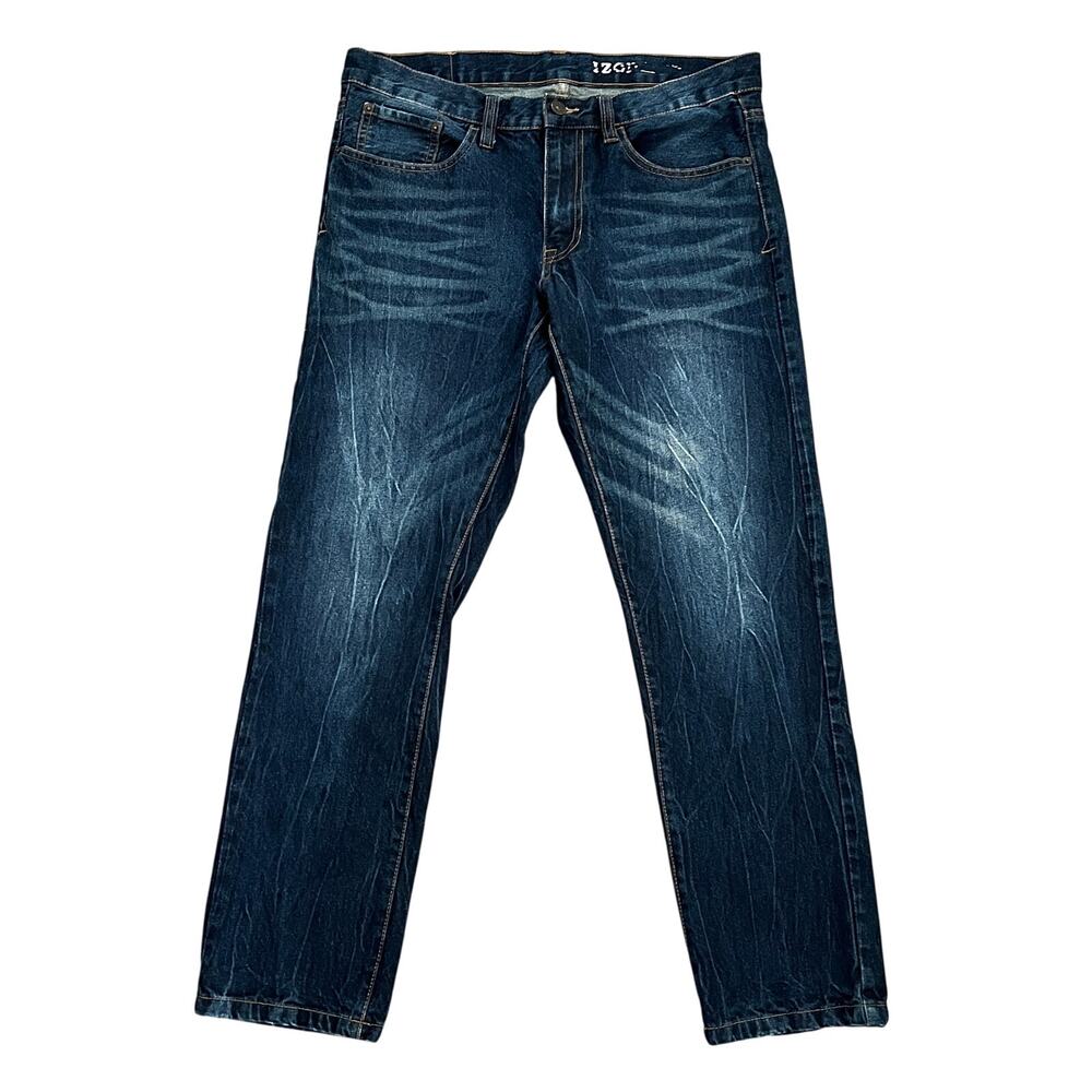 IZOD Mens Slim Straight‎ Fit Y2K Whiskered Dark Wash Blue Denim Jeans 34x32